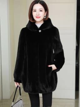 Thickened Medium-Length Faux Fur Plush Jacket Korean Style Slim Fit Double-Sided Winter Coat Women's Cotton-Polyester Blend