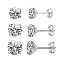 bamoer 3 Pairs Stud Earrings Set 925 Sterling Silver Stone CZ Minimalist Dazzling Fashion Earrings 4mm 5mm 6mm Diameter BSE166