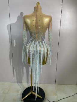 Sexy Mesh See Through Sparkly Rhinestone Tassel Long Sleeves Mini Dress 2026 Women Latin Dance Nightclub Party Club Stage Wear