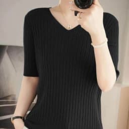 Summer New Loose Women's Wool Knitted V-ne ort Sve T-irt Spring Autumn Base irt Top Comfortable Breathable