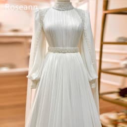 Customized Muslim High Collar Ivory A-line Wedding Dresses Paillette Fold Draped Pleat Belt Brideing Gown robe de mariée 2025
