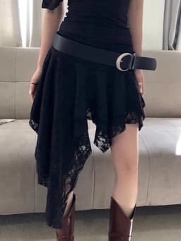 Romantic Pure Desire Sexy Lace Splice Asymmetrical Wave Half Skirt Pleated A-Line Short Skirt Korean Style Commute