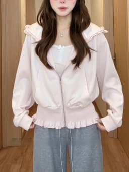 Cute Pink Folded Hem Hoodie Jacket Women's Short Style Sweatshirt Spring Autumn New Design Versatile Korean Version Commute Wind