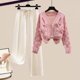 Two Piece Set For Women New In Sweater Matching Sets Korean Sweet Bow Outfit Long Sleeve Cardigan Knitwear Wide Leg Pants Set