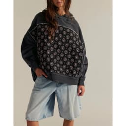 Combhasaki Women Oversized Trend Y2k Hooded Pullover Long Sleeve Floral Print Quilted Patchwork Sweatshirts Streetwear Loose Top