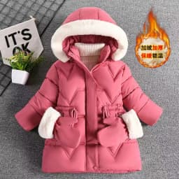 2024 New Winter Keep Warm Girls Jacket Waist Belt Design Detachable Hat Lining Plush Hooded Heavy Coat For Kids