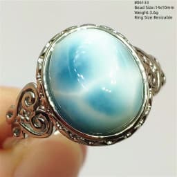 Natural Blue Larimar Oval Adjustable Ring Jewelry Water Pattern Real Larimar For Women Men Healing Fashion Stone AAAAAA