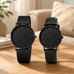 Luxury Simple Couple Watches Set 2Pcs Thin Round Dial Mesh Strap & Leather Band Quartz Wristwatches For Men Women Couple Gift