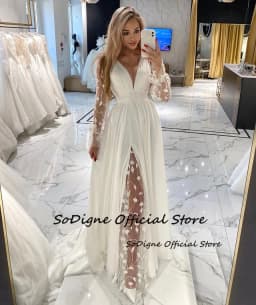 SoDigne A-line Chiffon Bride Dresses Full Sleeves V-neck Appliques Wedding Dress Boho Bridal Gowns vestidos de novia Customized