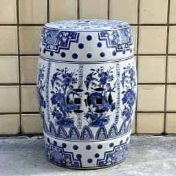White Porcelain and Drawn Blue Shoe Hand Changing Stool Ceramic Drum Bathroom Neoclassical Imitation Sitting Stool Low Round