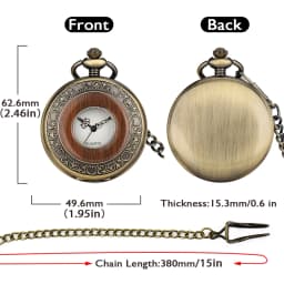 Antique Red Wood Decorated Half Hunter Bronze Quartz Pocket Watch Fob Chain Pendant Pocket Clock Vintage Timepiece Gift Male