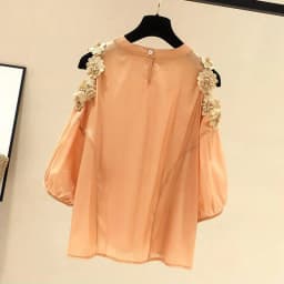 Orange Flower Three-dimensional Decoration Raglan Sleeve O-Neck Pullover Women's Blouse Shirt Female Clothing Tops Fashion 2024