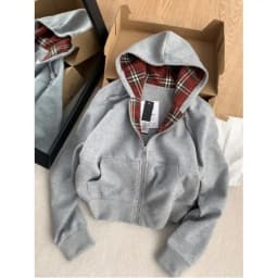 American Vintage Plaid Patchwork Zip Up Hoodie for Women Autumn Winter Loose Casual All Match Cardigan Jacket Women Y2k Top