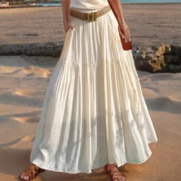2026 Belted Hem A-line Solid Color Elastic Waist Skirt Women's Summer New Beach Vacation Commuting Camping All-match Long Skirt