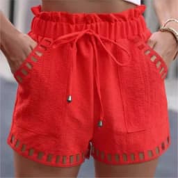 Cotton Linen Women's Solid Color Shorts Thin Hollow Out Design Trim Pocket Tight Waist Shorts Beachwear Casual Female Clothes