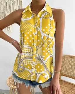 Women Sleeveless Halter Neck Button Down Blouse With Vibrant Swirl Abstract Print Perfect For Summer Beach Vacations Casual Outi