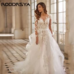 RODDRSYA Charming A-line Wedding Dresses Long Sleeve Tiered Tulle Bride Gowns Applique Lace Scoop vestidos de novia Customized