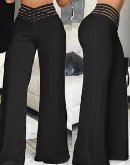 Women Wide Leg Flared Pants 2024 Spring Casual Crisscross Sheer Mesh Patch High Waist Trousers Y2k Streetwear Elegant Work Pant