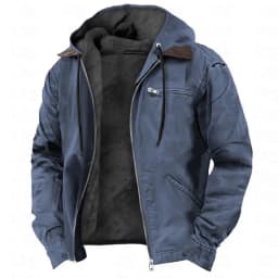 Men's Solid-Color Hooded Cotton Jacket Casual Trendy Fleece Zipper Pocket Winter Coat for Outdoor Wear