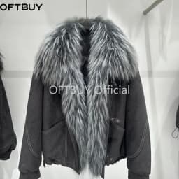 OFTBUY Women Suede Cropped Coat Winter Warm Drawstring Hem Daily Wear Outerwear Oversized Real Fox Fur Collar Goose Down Jacket
