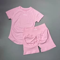 DFHE 2 Piece Athletic Tracksuit, Seamless Short Sleeve Yoga Wear, High Stretch Running Shorts, Gym Training Outfit