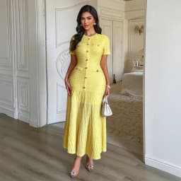 Women's Solid Color Midi Dress Short Sleeve Gold Button Decorated Fitted Flared Hem Gown Elegant Retro Outfit Dating & Parties