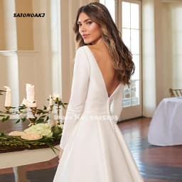 Customized Elegant Simple Ivory Satin Wedding Dress for Women V-Neck Long Sleeve Backless A-Line Bridal Gowns Vestidos De Novia