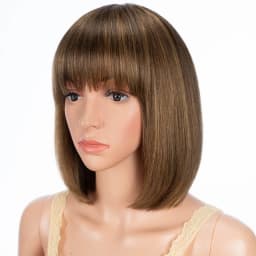 Sleek Short Bob Human Hair Wigs With Bangs Highlight Ombre Colored Brazilian Hair Wigs For Women Cosplay Pixie Cut Woman Wig