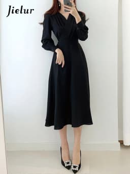 Jielur Harajuku V-neck Puff Sleeve A-line Maxi Dress Woman Solid Color Midi Robe Korean Office Dresses Elegant Spring Dress Lady