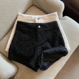 Autumn Women's Chic Black High Waisted Coarse Tweed Wide Leg Casual Woolen Shorts
