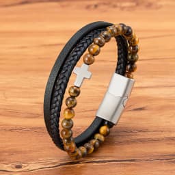 TYO High Quality Natural Stone Tiger Eye Beaded Bracelets Woven Leather Bangles Men Classic Fashion Magnet Clasp Jewelry Gifts