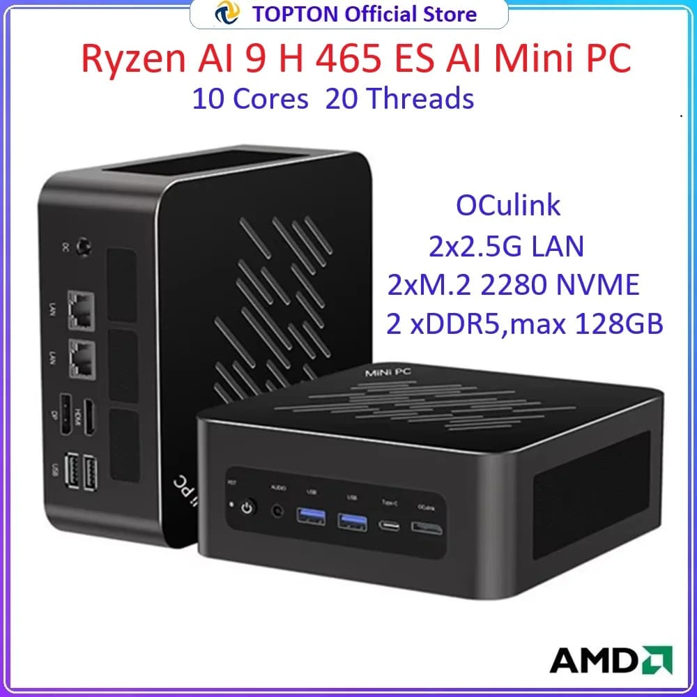 Topton Gaming Mini PC AMD Ryzen AI 9 H 465 ES HX 370 ES 350 ES USB4 2x2.5G LAN 2xPCIe OCuLink Desktop Windows 11 Office Computer