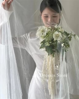 OLOEY Korea Sheath Wedding Dresses 웨딩드레스 Silk Satin Ivory Boat Neck Long Sleeves Customized Pretty Bride Gowns Plus Size