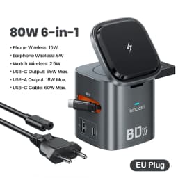 Toocki 80W 6-in-1 GaN Charging Station Type C PD 65W Retractable Fast Charger Wireless Adapter For iPhone 16 17 iWatch AirPods