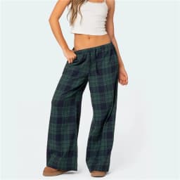 Women's Casual Plaid Print Pants Drawstring Elastic Waist Loose Straight Pants with Pockets Sleep Bottoms Korean Home Wears