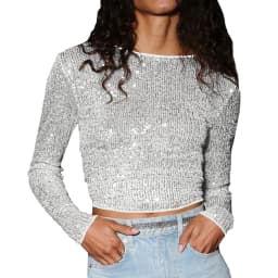 Women Spring Fall Long Sleeve Cropped Tops Sequins Basic T-shirt Casual Pullover for Club Streetwear Aesthetic Clothes