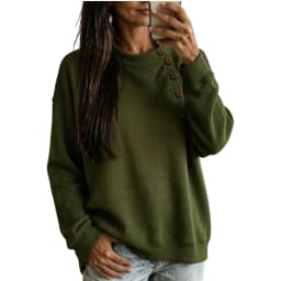 Crew Neck Sweatshirts Women Fleece Pullover Side Button Tops Fall Cute Shirt