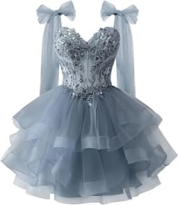 Bow Shoulder Strap Layered Chiffon Dress Starry Lace Three-dimensional Decal Youth Short Dance Sequin Dress Customized