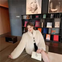 Women Faux Fox Fur Coats Solid Fur Jackets Cotton Linen Stand Collar Long Sleeves Open Stitch Loose Casual 2026 Autumn Winter