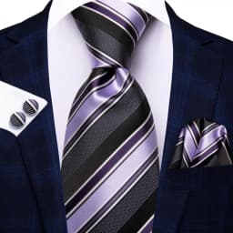 Hi-Tie Navy Blue Striped Silk Wedding Tie For Men Fashion Design Gift Men Necktie Hanky Cufflink Set Business Party Dropshiping