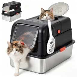 Dog Proof Litter Box Large Stainless Steel Cat Litter Box with Lid, XL Enclosed Metal Litter Pan, Front Entry Top Exit, High-Sided Anti-Leak, Includes Scoop for Big Cats & Multi-Cat Home