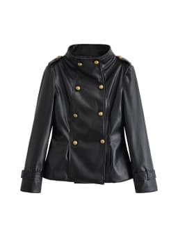 Women Stand Up Collar PU Jacket Chic Metal Buckle Faux Leather Black Jacket Leisure Double Breasted Long Sleeves Autumn Outfit