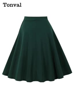 Tonval One Pocket Front Buttons Side Swing Skirt 2025 Vintage Clothes for Women Green Elegant Plain Skirts