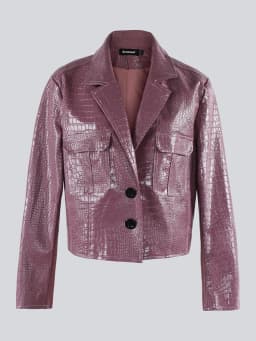 Lautaro Spring Autumn Short Cool Stylish Shiny Reflective Crocodile Print Patent Pu Leather Jacket Women Runway Fashion 2023