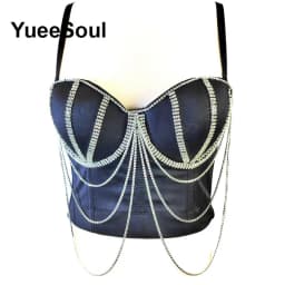Black Y2K Tops White Rhinestone Sequins Tassel Slim Crop Top New Gothic Party Club Wedding High Street Sexy Corset Top Camis