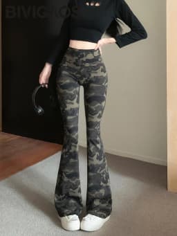BIVIGAOS 2026 Spring New Camouflage Micro Flared Leggings Women High Waist Slim Fit Fashion Camo Sport Yoga Elastic Flared Pants