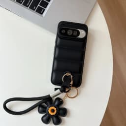 Cartoon Sunflower Down Jacket Lanyard Phone Case for Google Pixel 5 6 7 8 9 10 Pro 9A 7A 6A 5A Hand Wrist Strap Soft TPU Cover