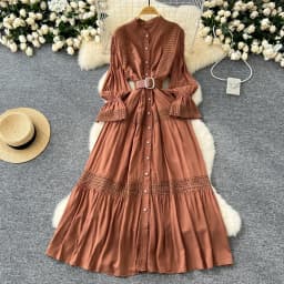 Chic Lace Slim Stand Collar Long Sleeve Spliced Single Breasted Dress High Street Vintage Evening Women Autumn Winter Clothing