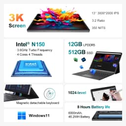 Ninkear S13 Neo Laptop 13 Inch 3K IPS 3:2 Display Intel Processor N150 12GB LPDDR5 RAM 512GB SSD Windows 11 2 in 1 Convertible Notebook 360° Touchscreen Magnetic Detachable Keyboard for Business Home Office Study and Everyday Multitasking