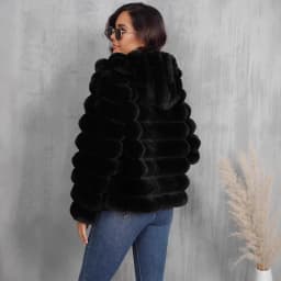 Soft Cozy Plush Faux Rabbit Fur Hooded Coat for Women Horizontal Cropped Padded Jacket Women Winter Casual Zipper Warm Outerwear